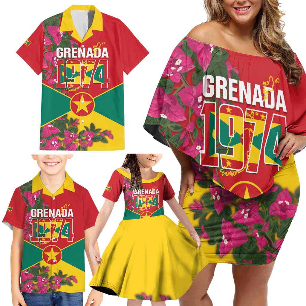 Grenada 1974 Family Matching Off Shoulder Short Dress and Hawaiian Shirt Gwenad Map With Bougainvillea - Flag Color - Wonder Print Shop