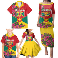 Grenada 1974 Family Matching Puletasi and Hawaiian Shirt Gwenad Map With Bougainvillea - Flag Color - Wonder Print Shop