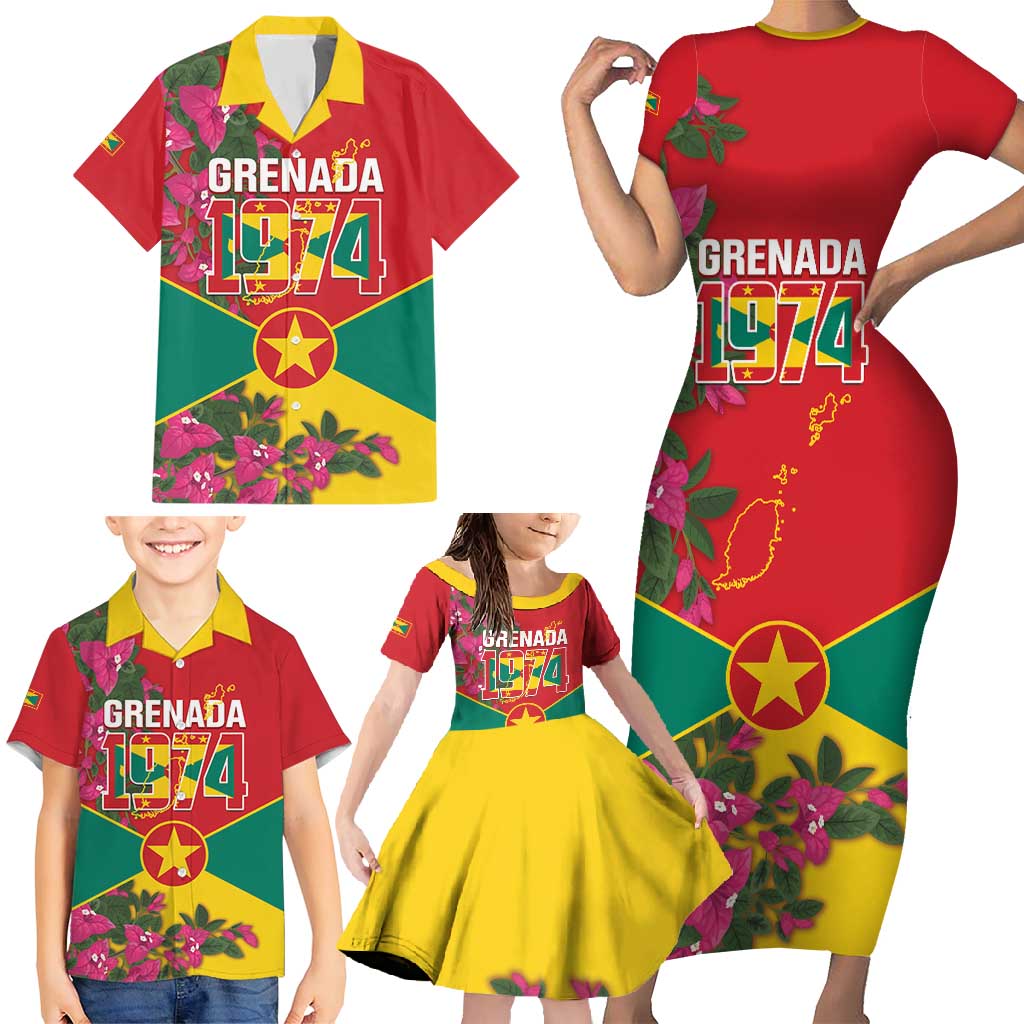 Grenada 1974 Family Matching Short Sleeve Bodycon Dress and Hawaiian Shirt Gwenad Map With Bougainvillea - Flag Color - Wonder Print Shop