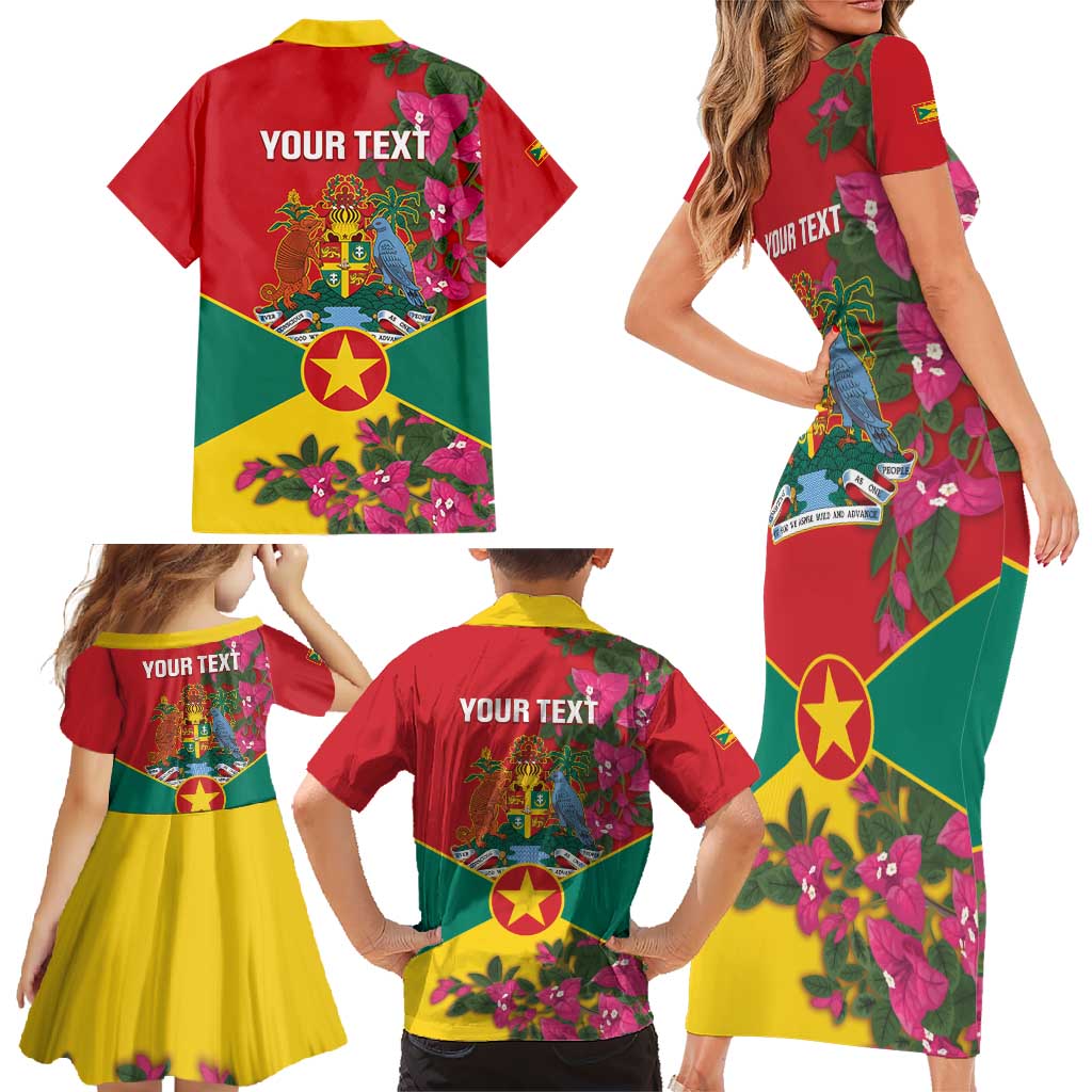 Grenada 1974 Family Matching Short Sleeve Bodycon Dress and Hawaiian Shirt Gwenad Map With Bougainvillea - Flag Color - Wonder Print Shop