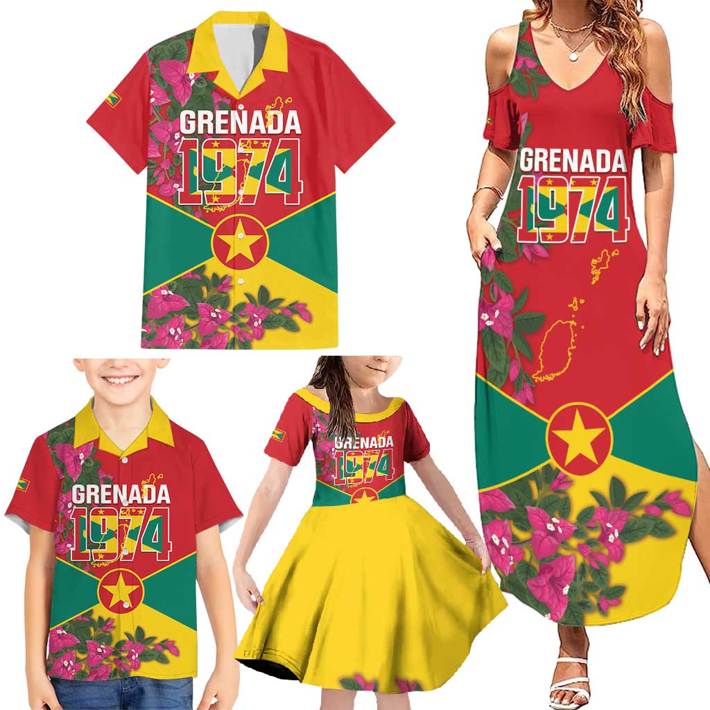 Grenada 1974 Family Matching Summer Maxi Dress and Hawaiian Shirt Gwenad Map With Bougainvillea - Flag Color - Wonder Print Shop