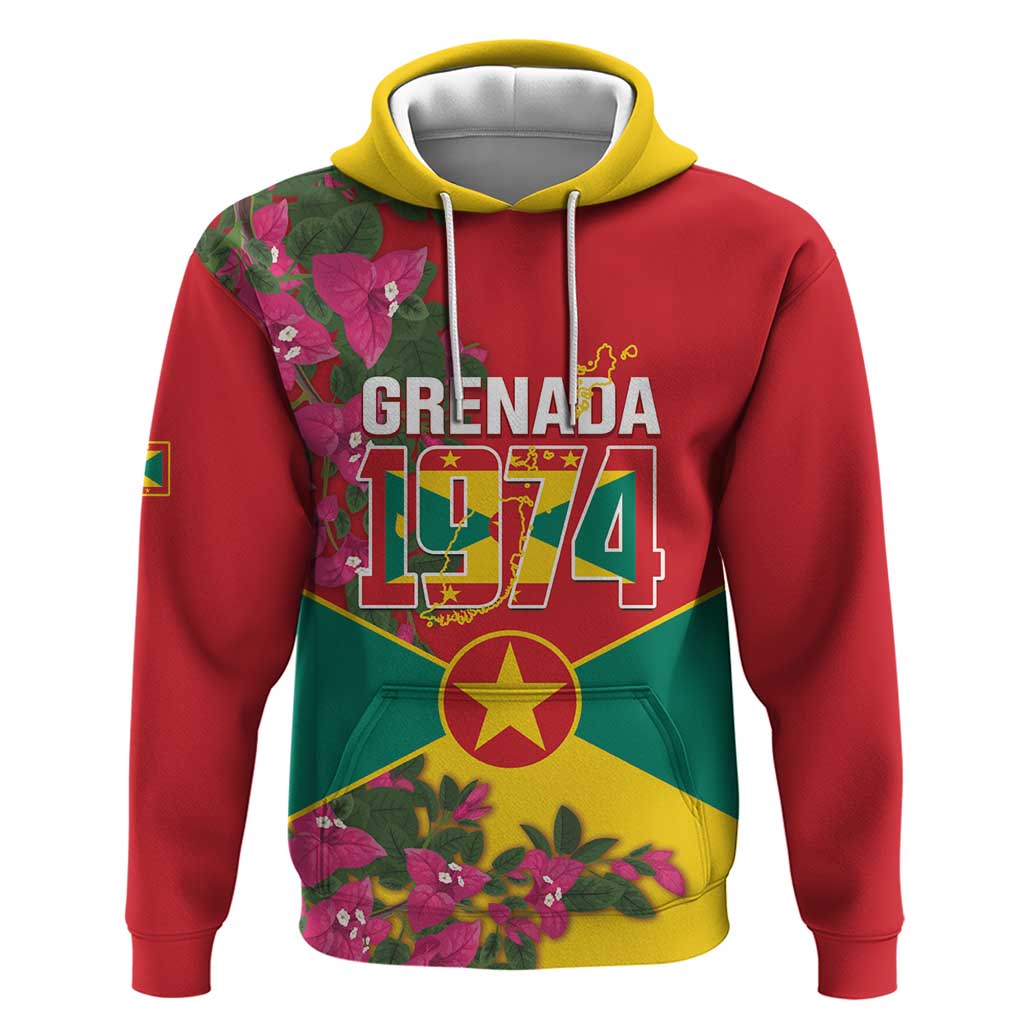 Grenada 1974 Hoodie Gwenad Map With Bougainvillea - Flag Color - Wonder Print Shop