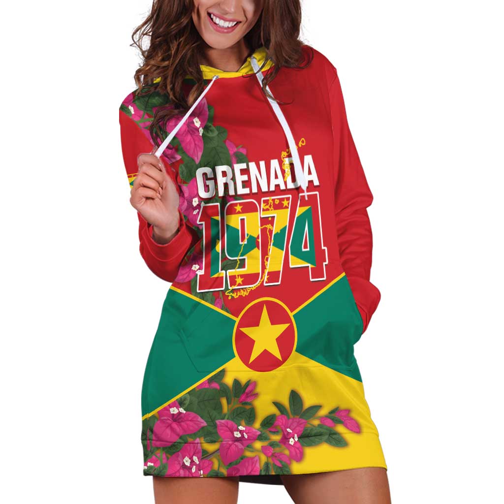 Grenada 1974 Hoodie Dress Gwenad Map With Bougainvillea - Flag Color - Wonder Print Shop