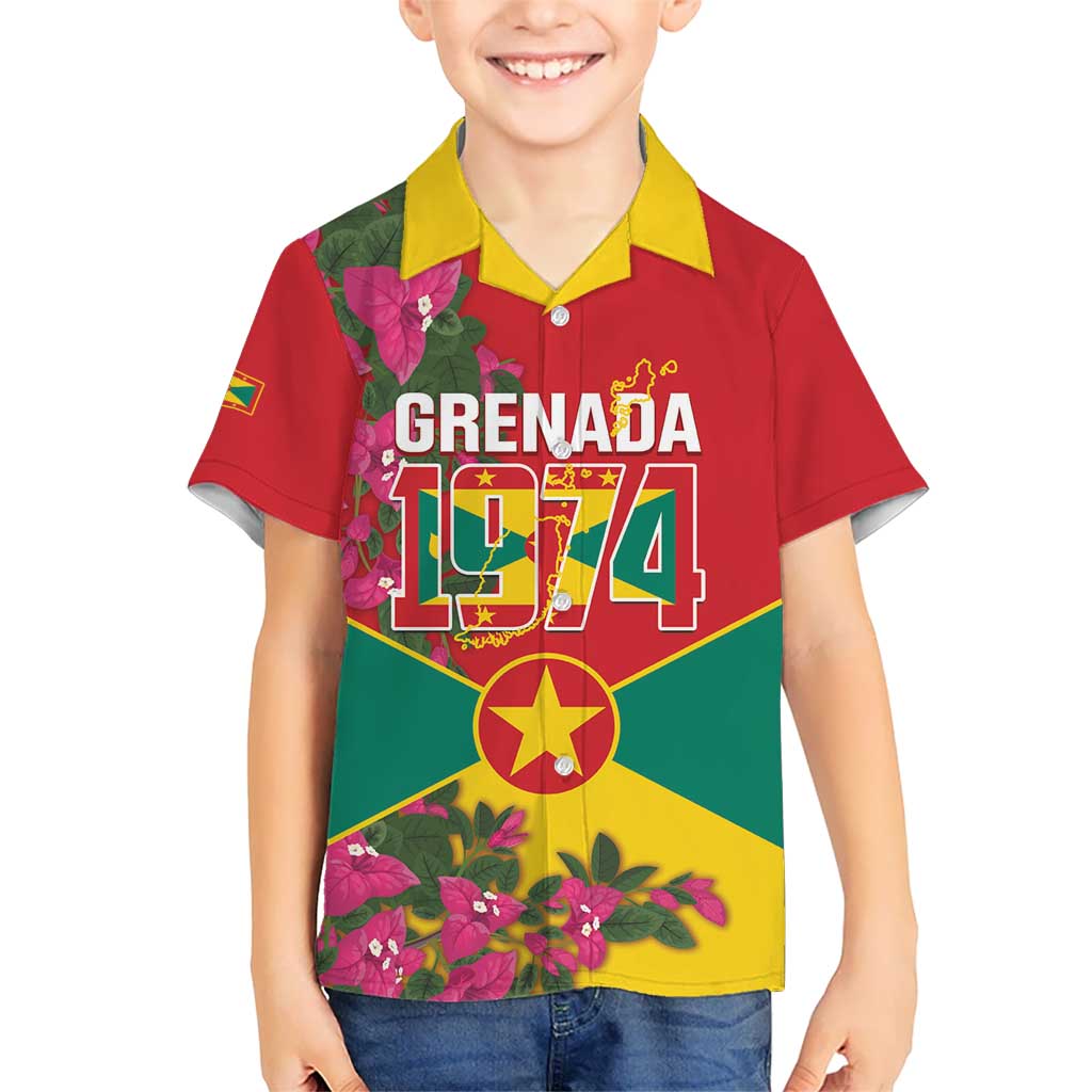 Grenada 1974 Kid Hawaiian Shirt Gwenad Map With Bougainvillea - Flag Color - Wonder Print Shop