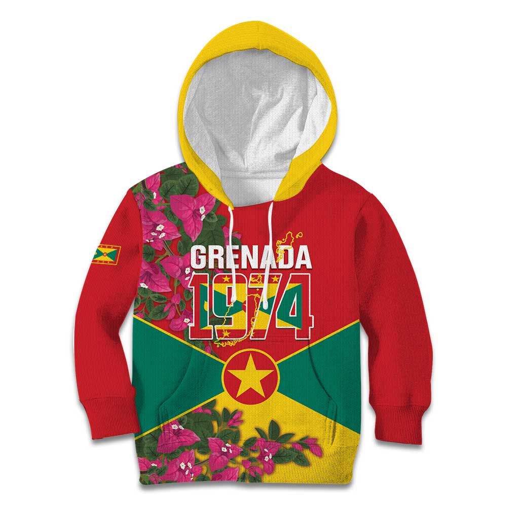 Grenada 1974 Kid Hoodie Gwenad Map With Bougainvillea - Flag Color - Wonder Print Shop