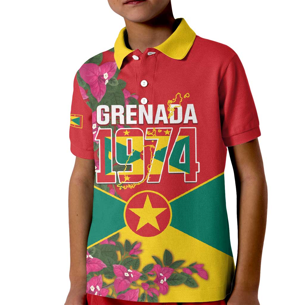 Grenada 1974 Kid Polo Shirt Gwenad Map With Bougainvillea - Flag Color - Wonder Print Shop