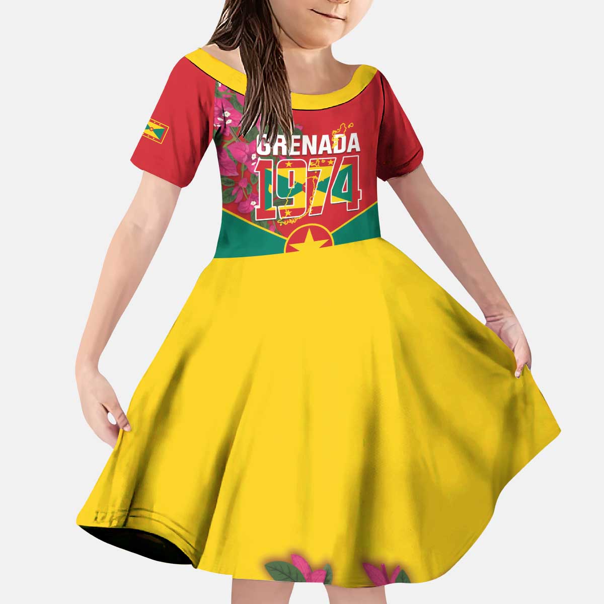 Grenada 1974 Kid Short Sleeve Dress Gwenad Map With Bougainvillea - Flag Color - Wonder Print Shop
