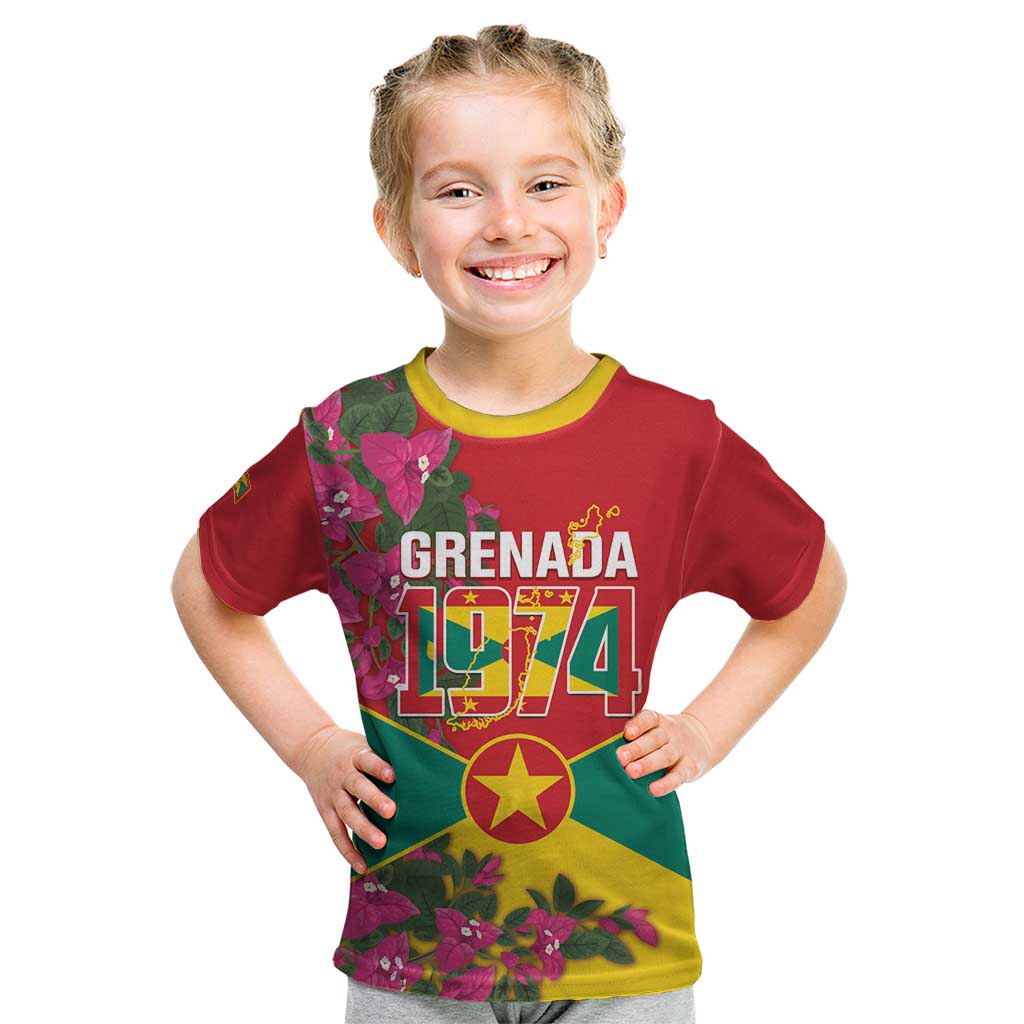 Grenada 1974 Kid T Shirt Gwenad Map With Bougainvillea - Flag Color - Wonder Print Shop