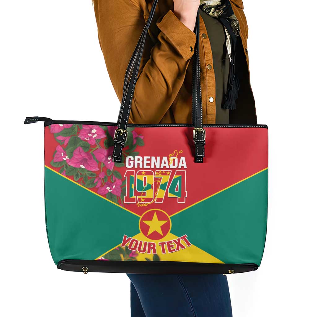 Grenada 1974 Leather Tote Bag Gwenad Map With Bougainvillea - Flag Color - Wonder Print Shop