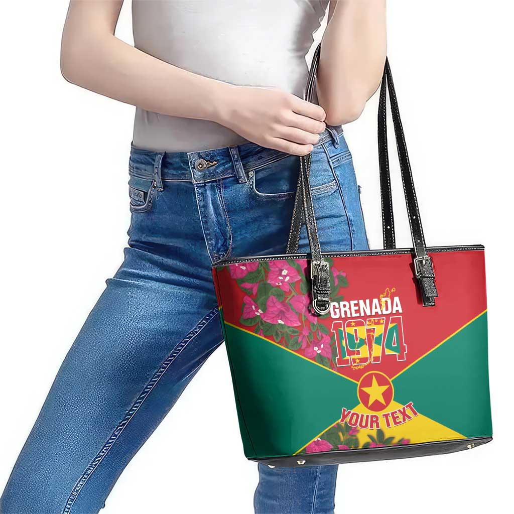 Grenada 1974 Leather Tote Bag Gwenad Map With Bougainvillea - Flag Color - Wonder Print Shop