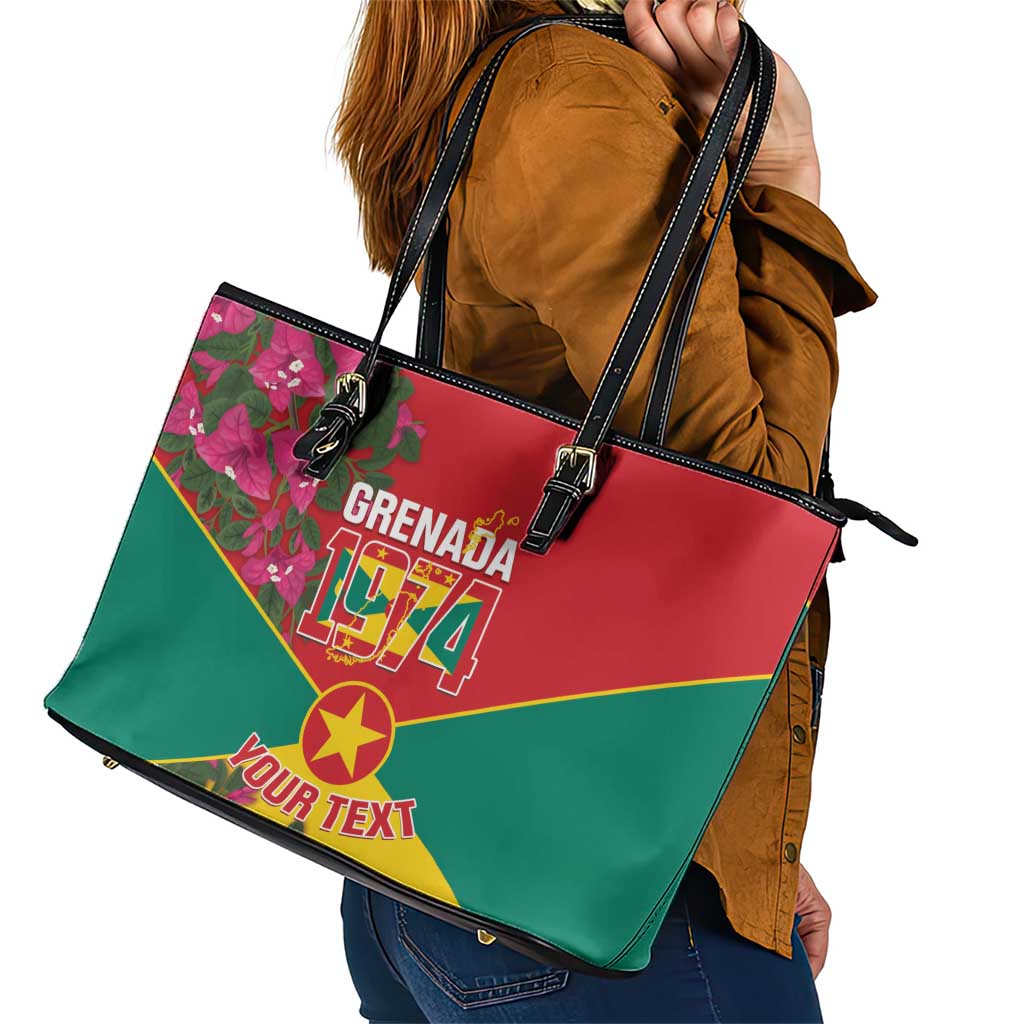 Grenada 1974 Leather Tote Bag Gwenad Map With Bougainvillea - Flag Color - Wonder Print Shop