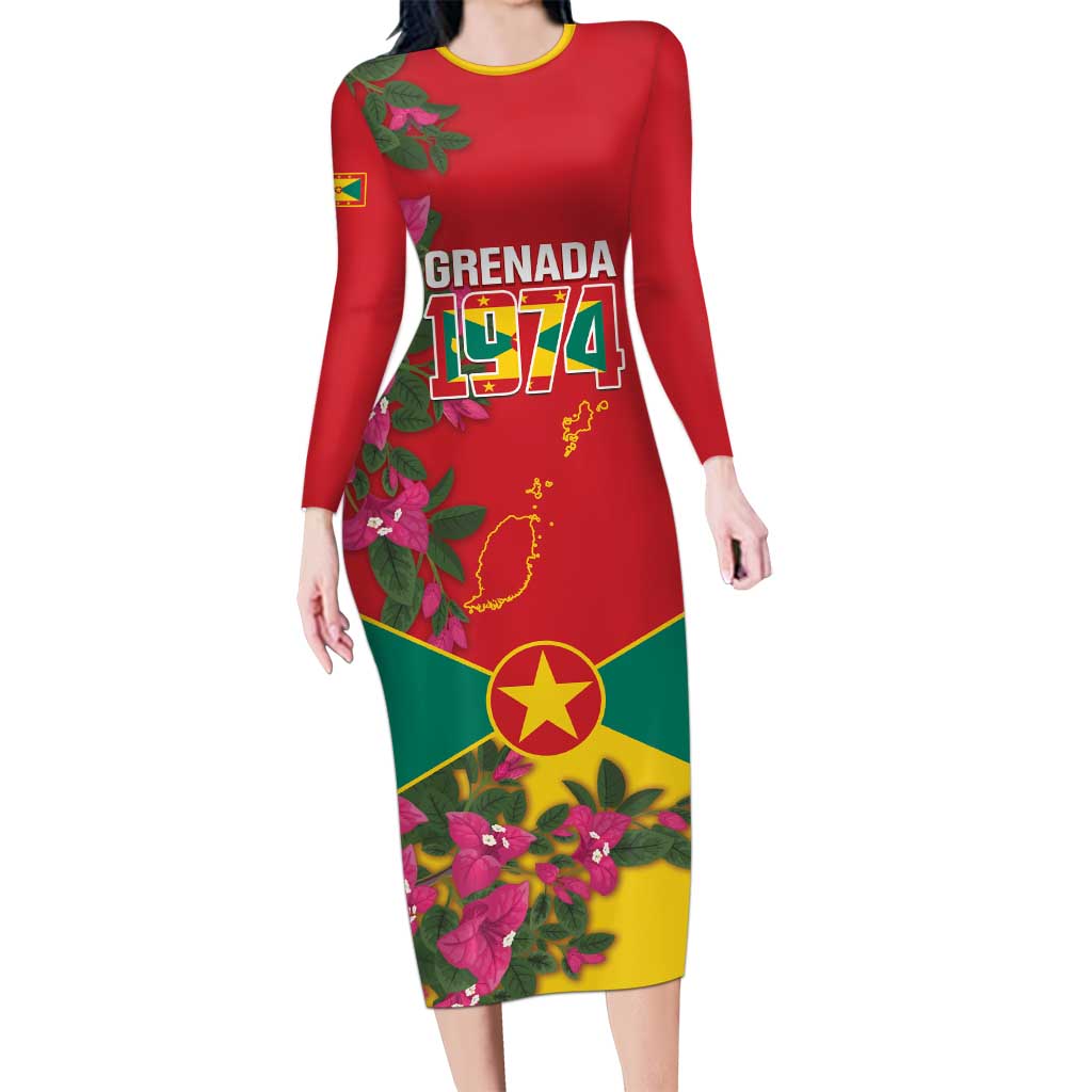 Grenada 1974 Long Sleeve Bodycon Dress Gwenad Map With Bougainvillea - Flag Color - Wonder Print Shop