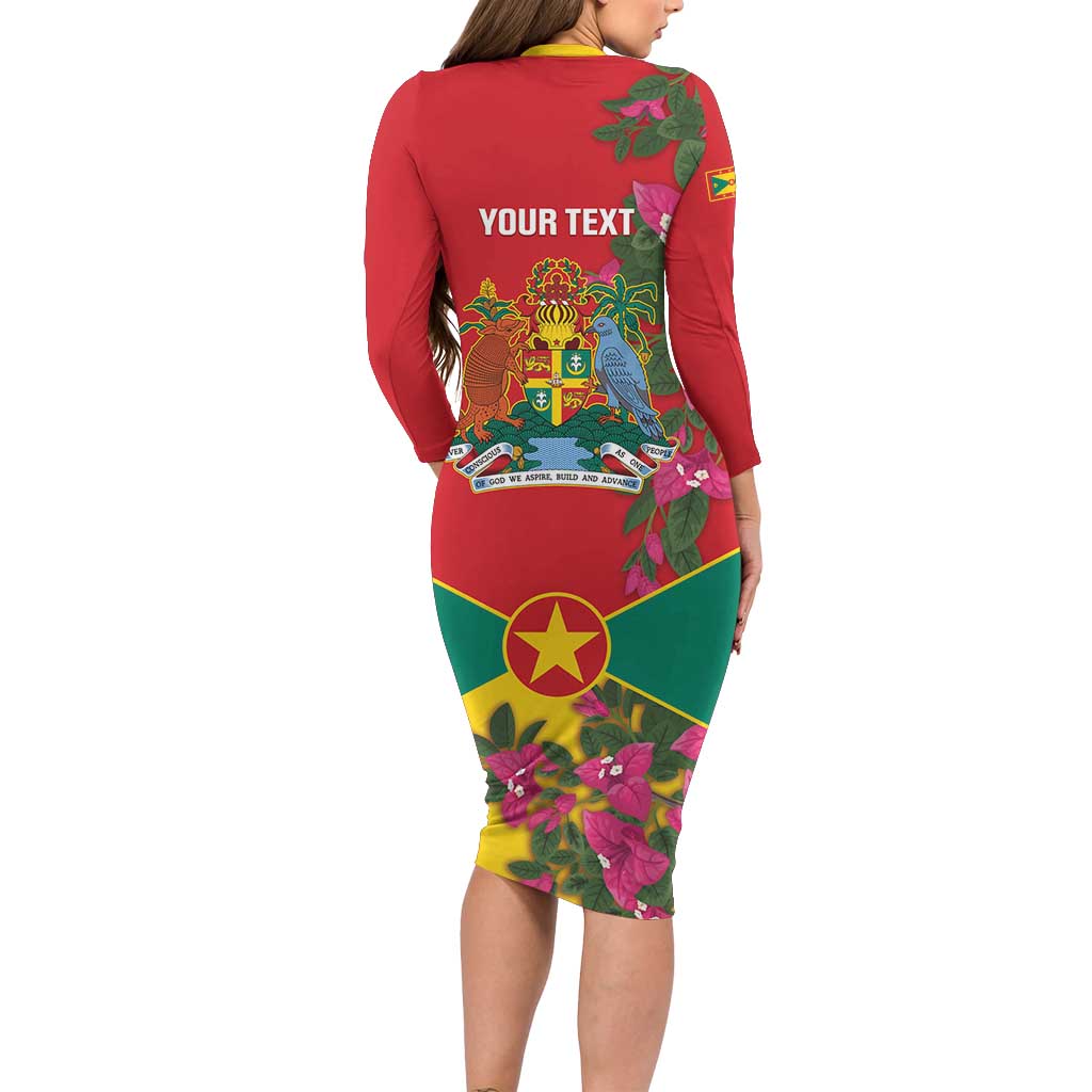 Grenada 1974 Long Sleeve Bodycon Dress Gwenad Map With Bougainvillea - Flag Color - Wonder Print Shop