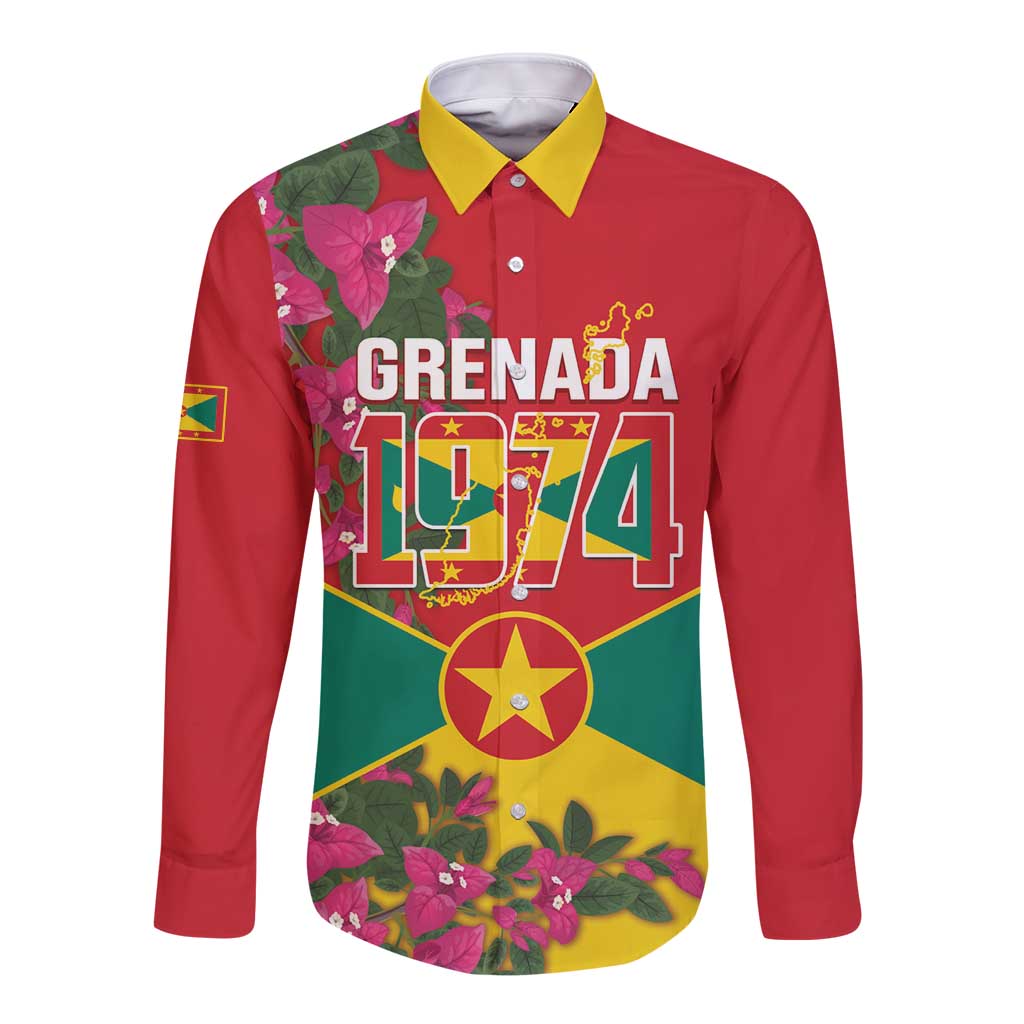 Grenada 1974 Long Sleeve Button Shirt Gwenad Map With Bougainvillea - Flag Color - Wonder Print Shop