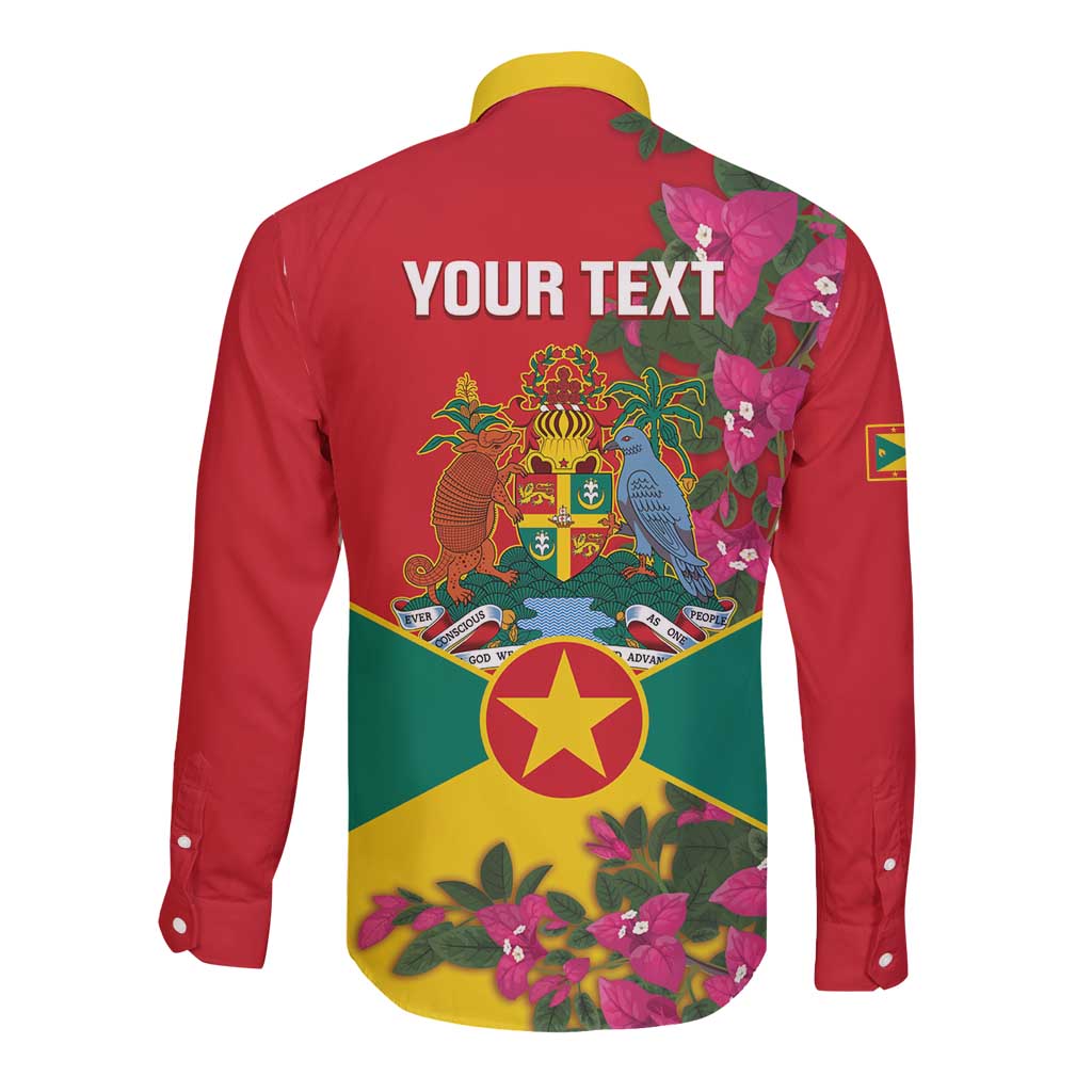 Grenada 1974 Long Sleeve Button Shirt Gwenad Map With Bougainvillea - Flag Color - Wonder Print Shop