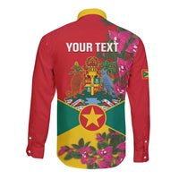 Grenada 1974 Long Sleeve Button Shirt Gwenad Map With Bougainvillea - Flag Color - Wonder Print Shop