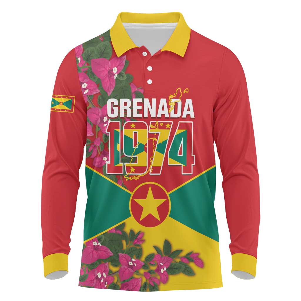 Grenada 1974 Long Sleeve Polo Shirt Gwenad Map With Bougainvillea - Flag Color - Wonder Print Shop