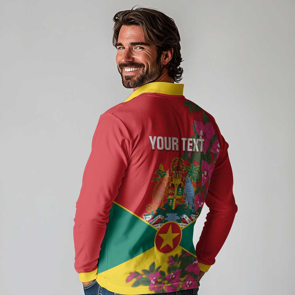Grenada 1974 Long Sleeve Polo Shirt Gwenad Map With Bougainvillea - Flag Color - Wonder Print Shop