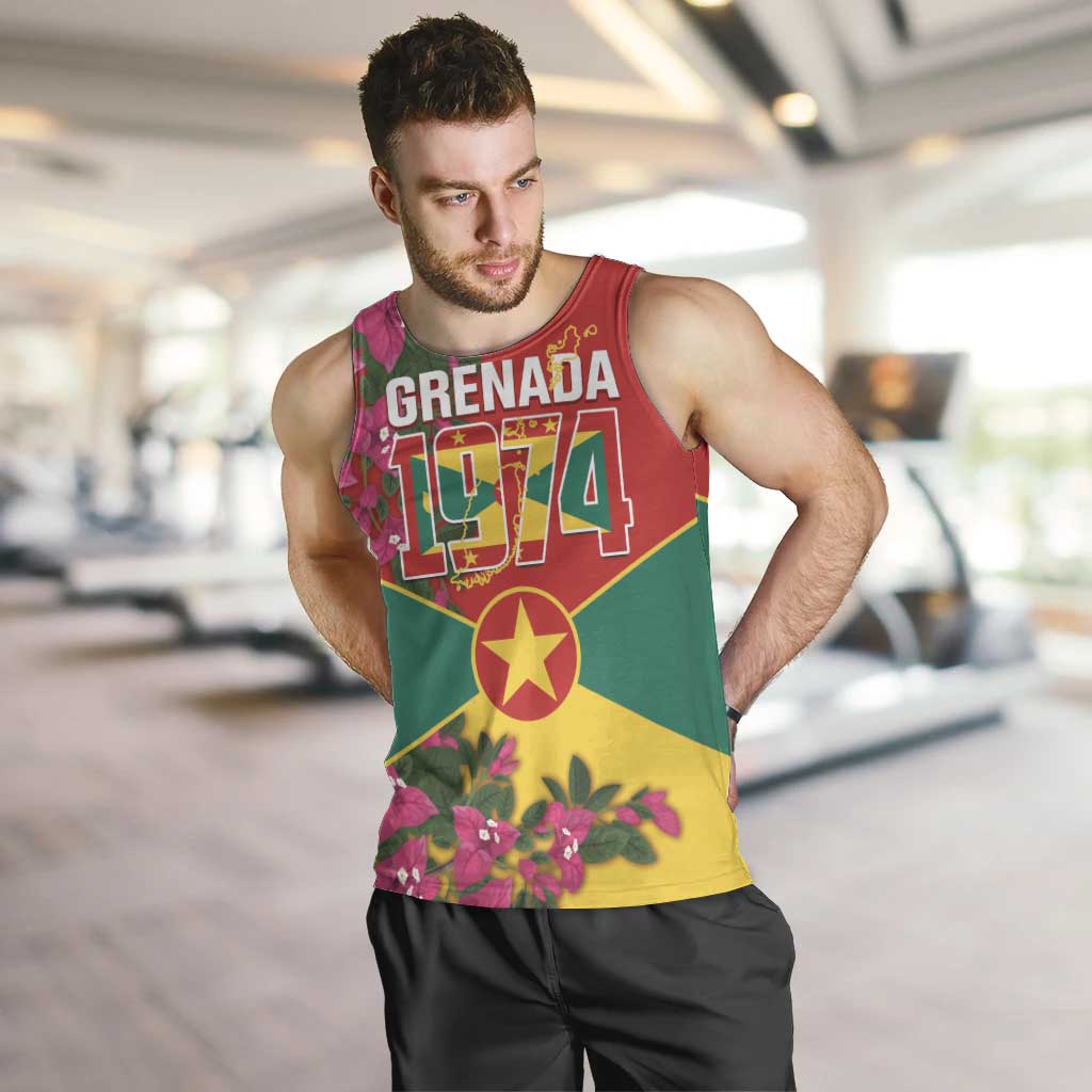 Grenada 1974 Men Tank Top Gwenad Map With Bougainvillea - Flag Color - Wonder Print Shop