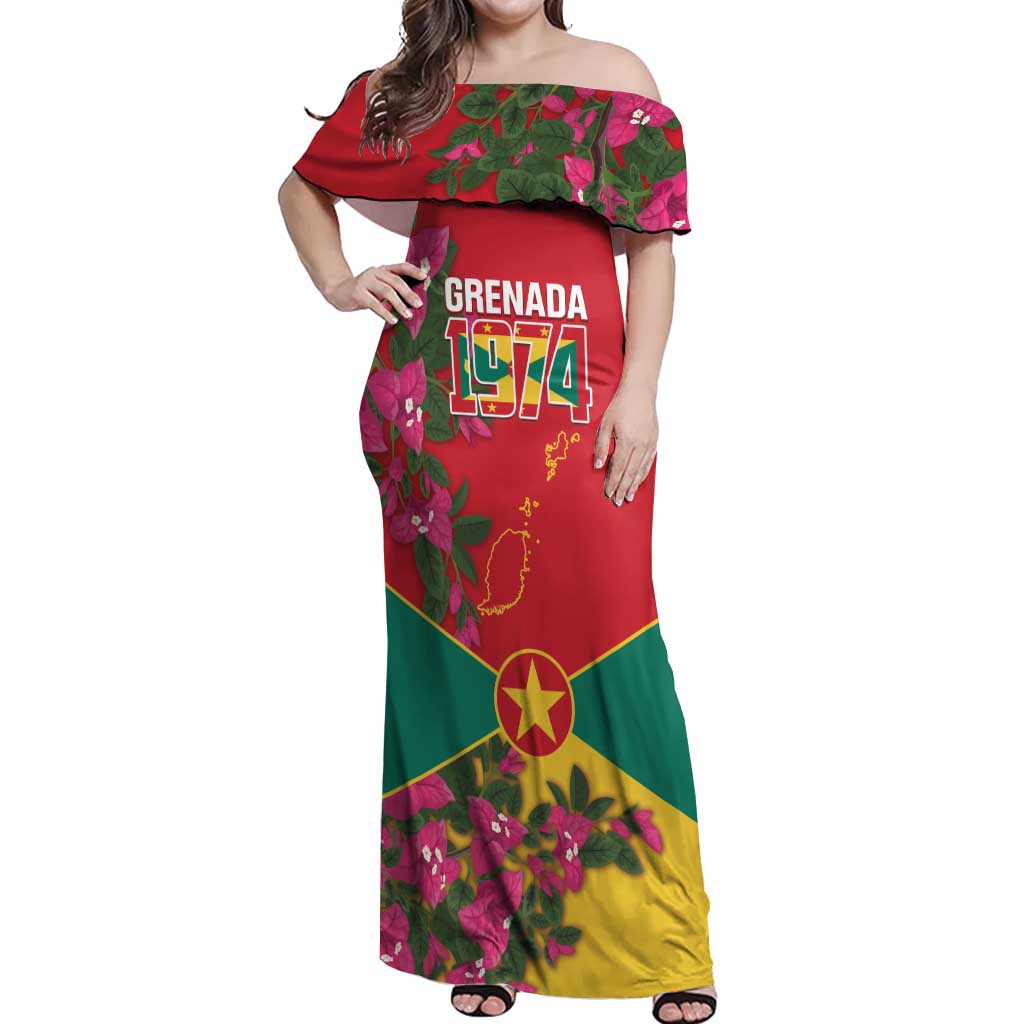 Grenada 1974 Off Shoulder Maxi Dress Gwenad Map With Bougainvillea - Flag Color - Wonder Print Shop