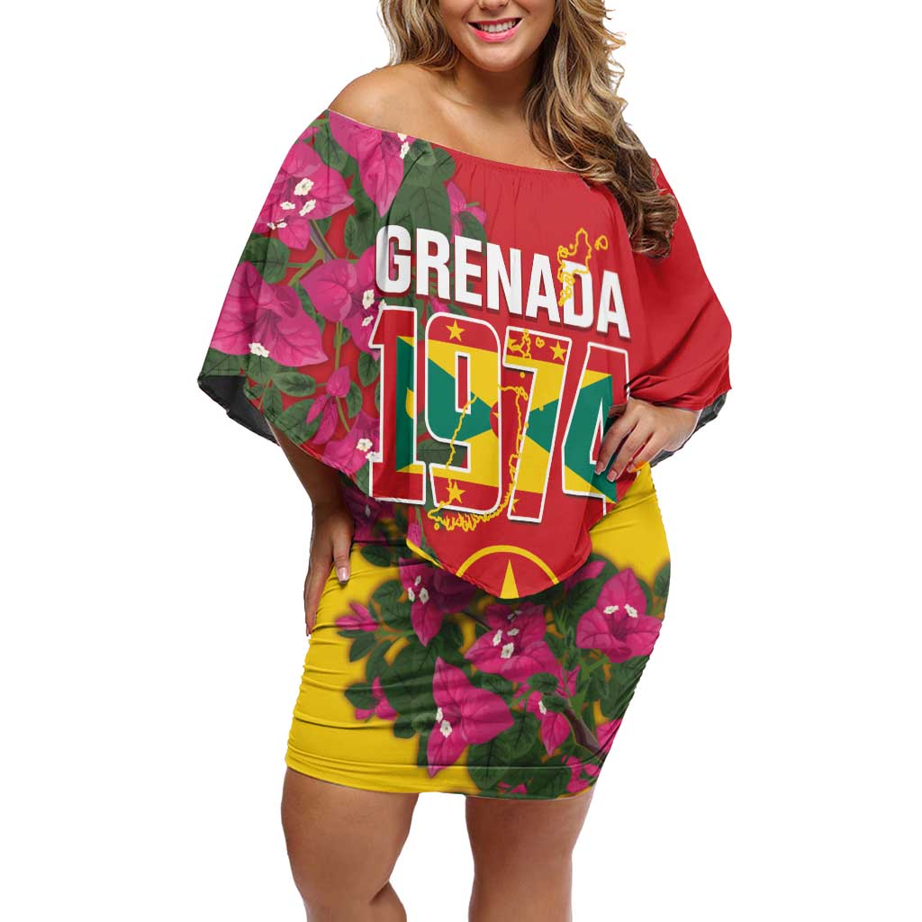 Grenada 1974 Off Shoulder Short Dress Gwenad Map With Bougainvillea - Flag Color - Wonder Print Shop