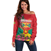 Grenada 1974 Off Shoulder Sweater Gwenad Map With Bougainvillea - Flag Color - Wonder Print Shop