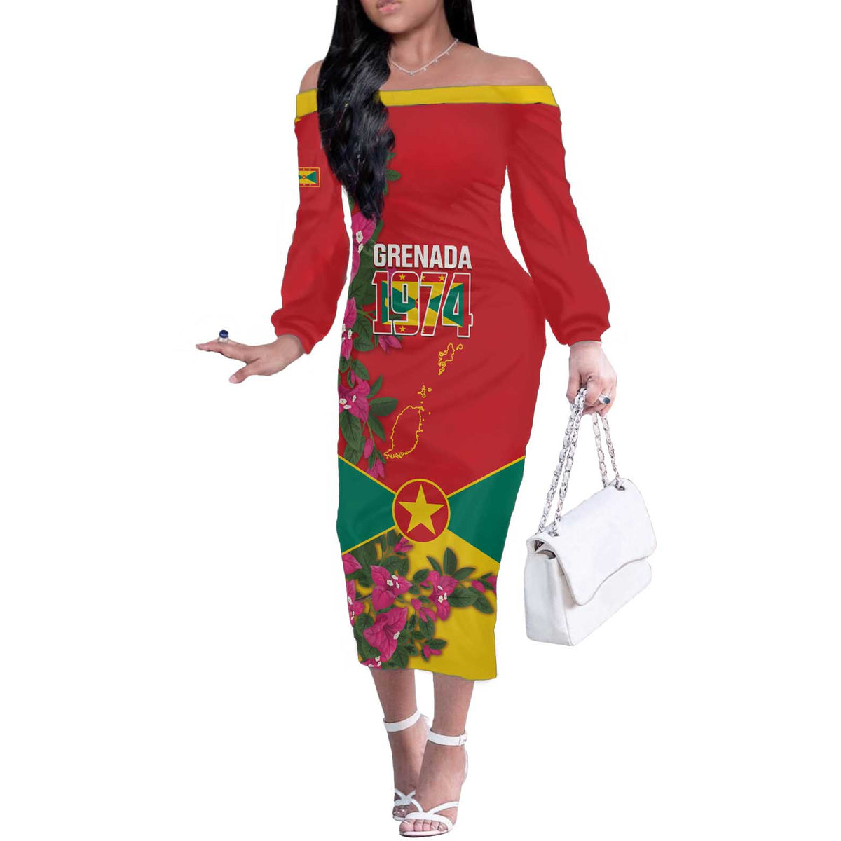 Grenada 1974 Off The Shoulder Long Sleeve Dress Gwenad Map With Bougainvillea - Flag Color - Wonder Print Shop