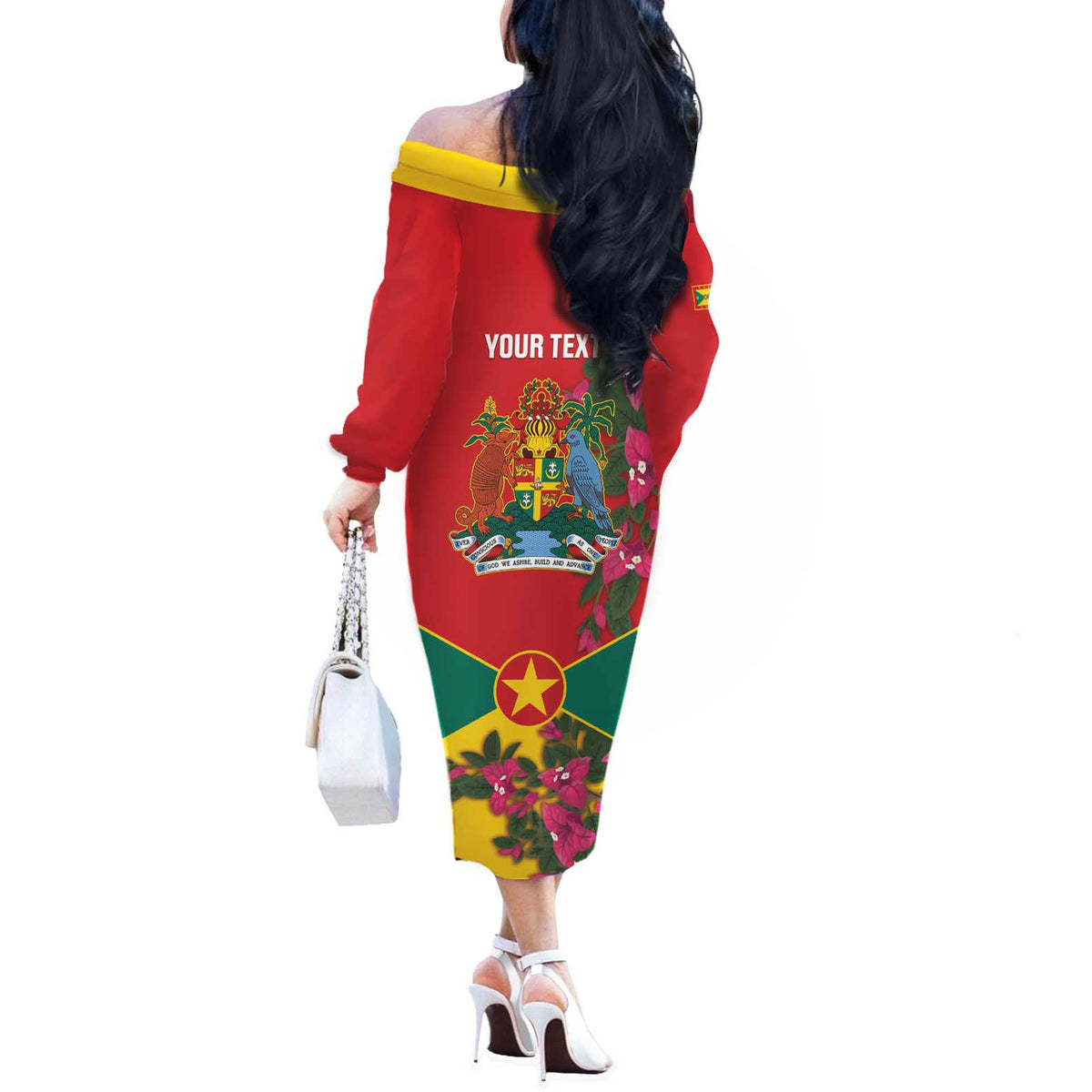 Grenada 1974 Off The Shoulder Long Sleeve Dress Gwenad Map With Bougainvillea - Flag Color - Wonder Print Shop