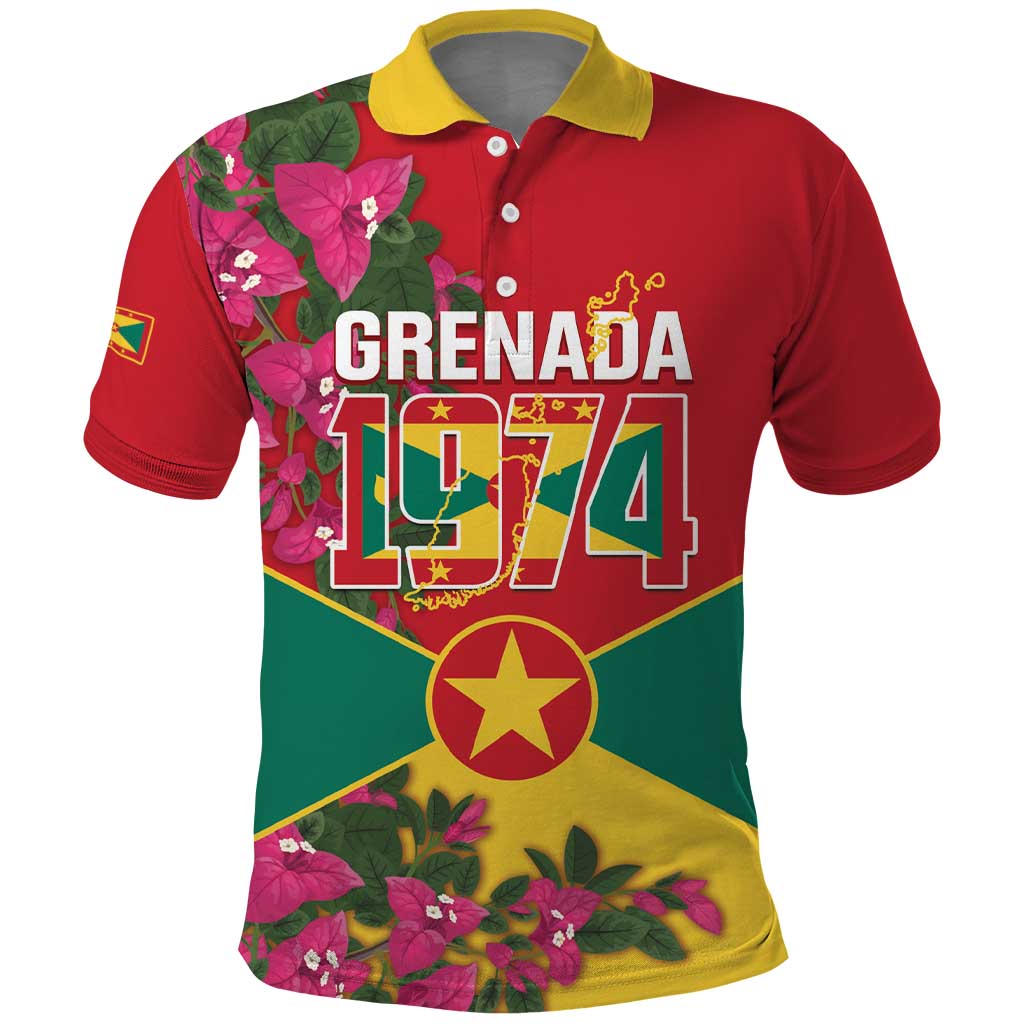 Grenada 1974 Polo Shirt Gwenad Map With Bougainvillea - Flag Color - Wonder Print Shop