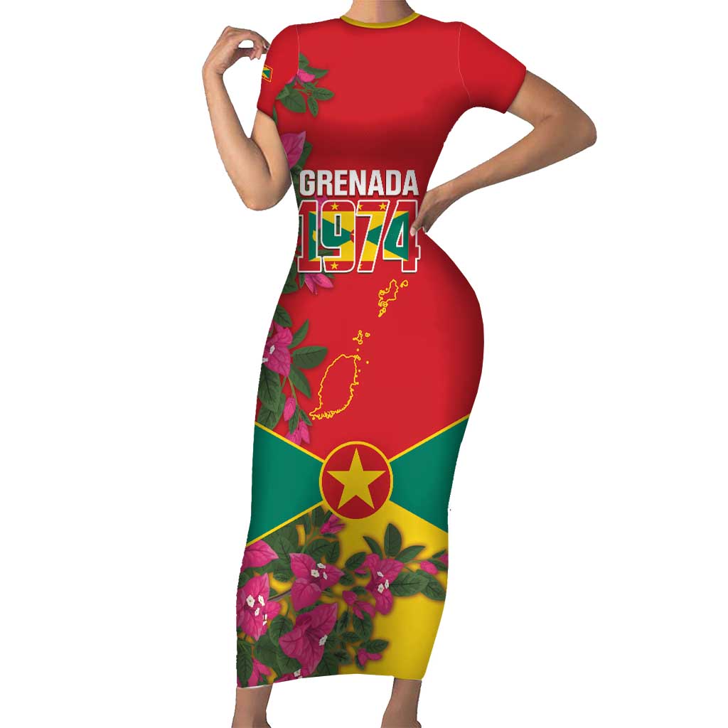 Grenada 1974 Short Sleeve Bodycon Dress Gwenad Map With Bougainvillea - Flag Color - Wonder Print Shop