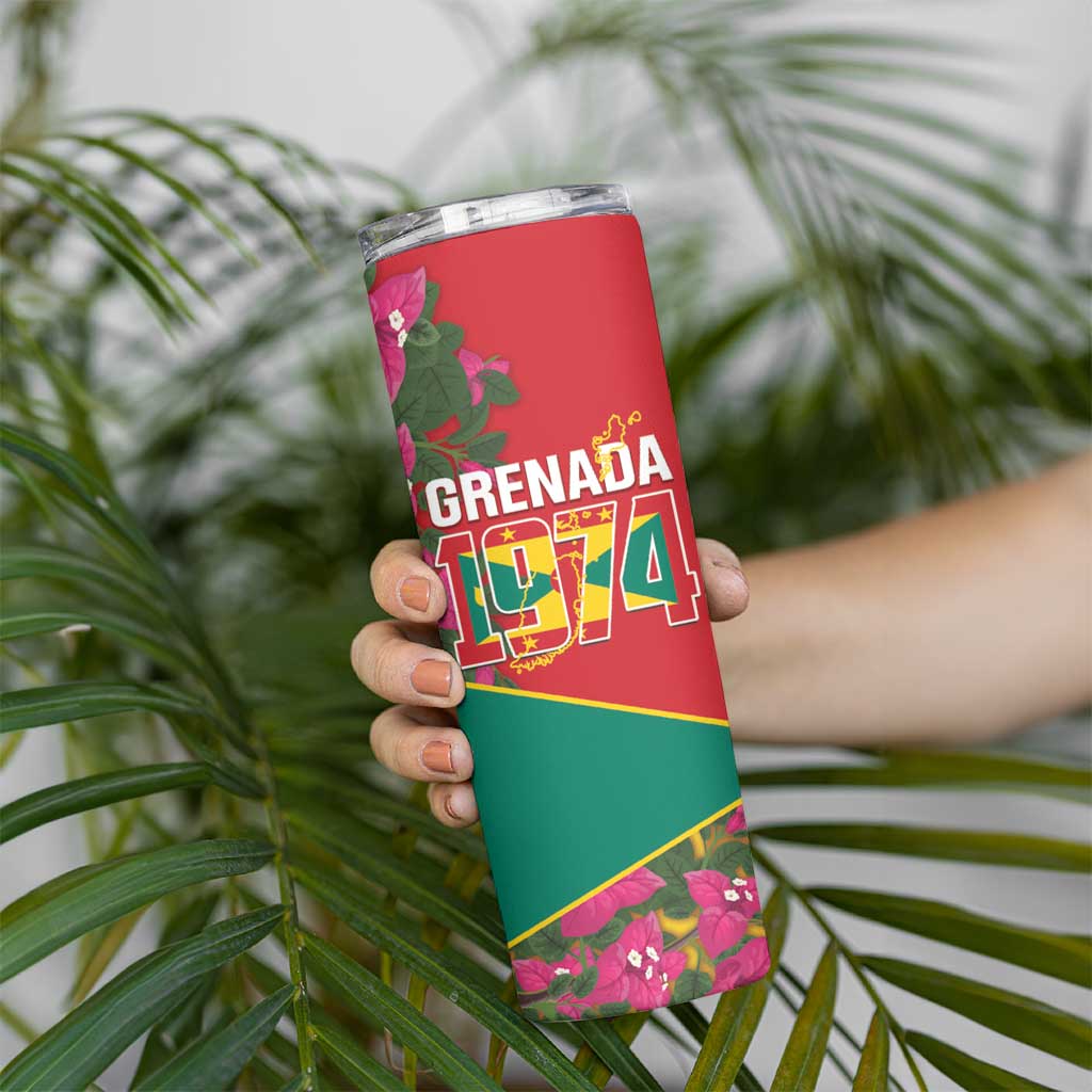 Grenada 1974 Skinny Tumbler Gwenad Map With Bougainvillea - Flag Color - Wonder Print Shop