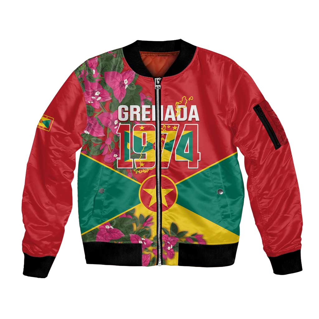 Grenada 1974 Sleeve Zip Bomber Jacket Gwenad Map With Bougainvillea - Flag Color - Wonder Print Shop