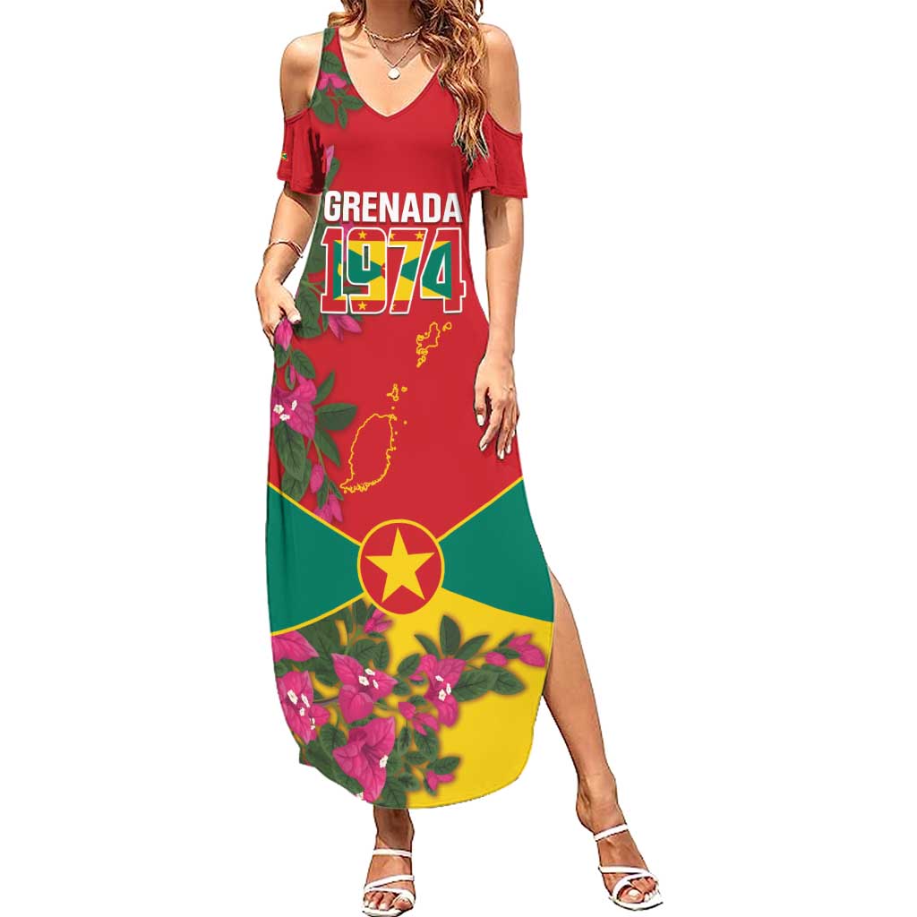 Grenada 1974 Summer Maxi Dress Gwenad Map With Bougainvillea - Flag Color - Wonder Print Shop