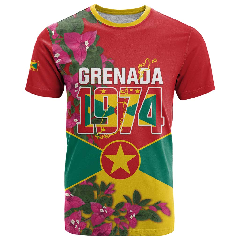 Grenada 1974 T Shirt Gwenad Map With Bougainvillea - Flag Color - Wonder Print Shop
