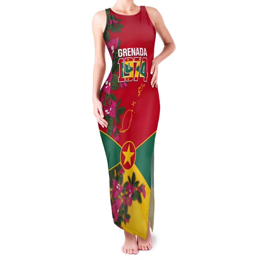 Grenada 1974 Tank Maxi Dress Gwenad Map With Bougainvillea - Flag Color - Wonder Print Shop