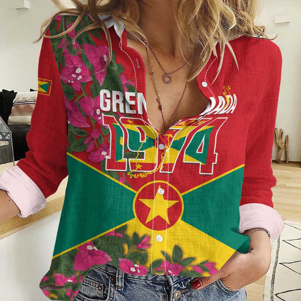 Grenada 1974 Women Casual Shirt Gwenad Map With Bougainvillea - Flag Color - Wonder Print Shop