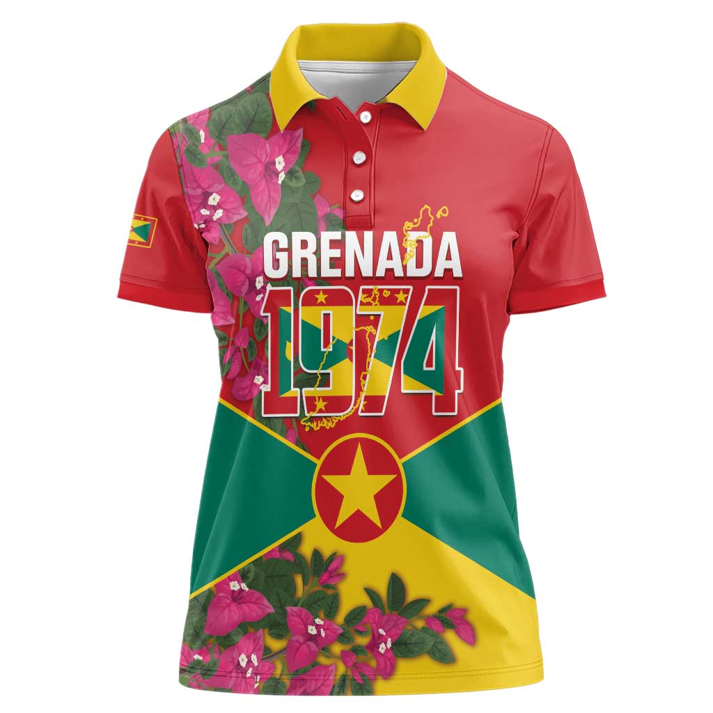 Grenada 1974 Women Polo Shirt Gwenad Map With Bougainvillea - Flag Color - Wonder Print Shop