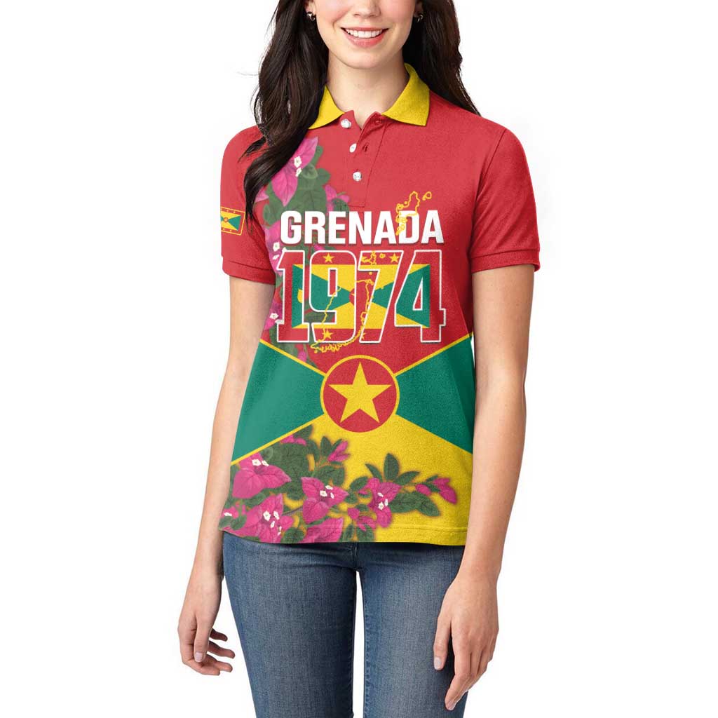 Grenada 1974 Women Polo Shirt Gwenad Map With Bougainvillea - Flag Color - Wonder Print Shop