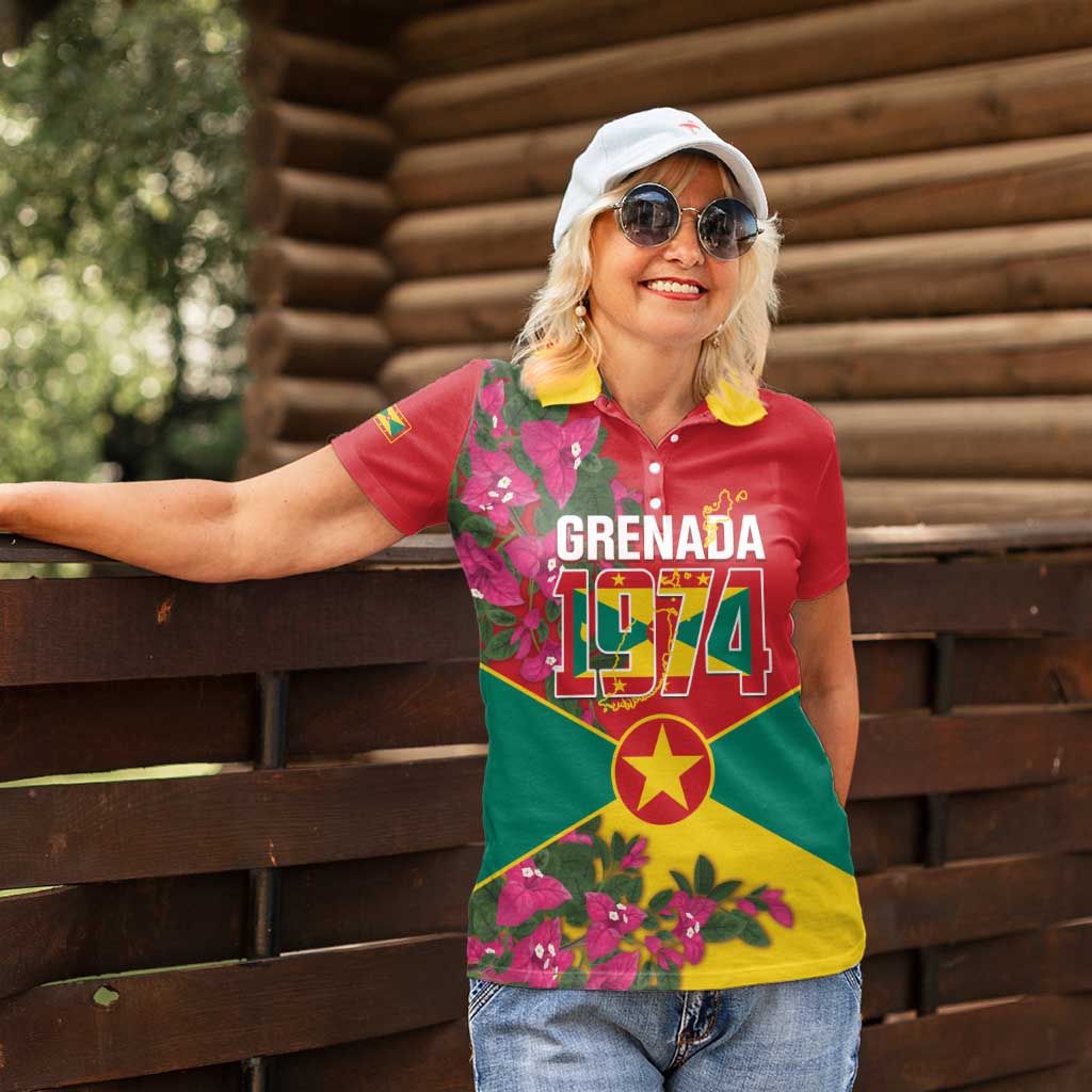 Grenada 1974 Women Polo Shirt Gwenad Map With Bougainvillea - Flag Color - Wonder Print Shop