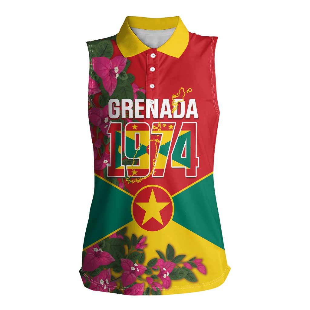 Grenada 1974 Women Sleeveless Polo Shirt Gwenad Map With Bougainvillea - Flag Color - Wonder Print Shop