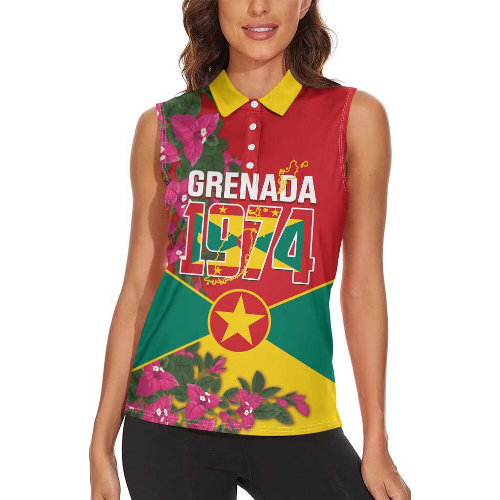 Grenada 1974 Women Sleeveless Polo Shirt Gwenad Map With Bougainvillea - Flag Color - Wonder Print Shop