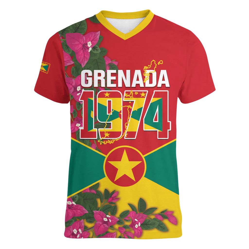 Grenada 1974 Women V-Neck T-Shirt Gwenad Map With Bougainvillea - Flag Color - Wonder Print Shop