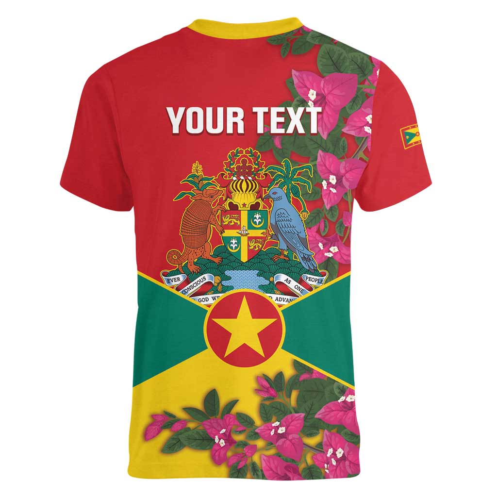 Grenada 1974 Women V-Neck T-Shirt Gwenad Map With Bougainvillea - Flag Color - Wonder Print Shop