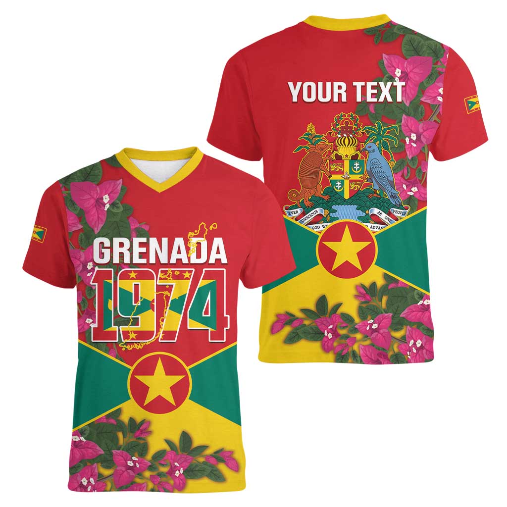 Grenada 1974 Women V-Neck T-Shirt Gwenad Map With Bougainvillea - Flag Color - Wonder Print Shop