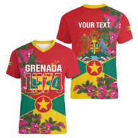 Grenada 1974 Women V-Neck T-Shirt Gwenad Map With Bougainvillea - Flag Color - Wonder Print Shop