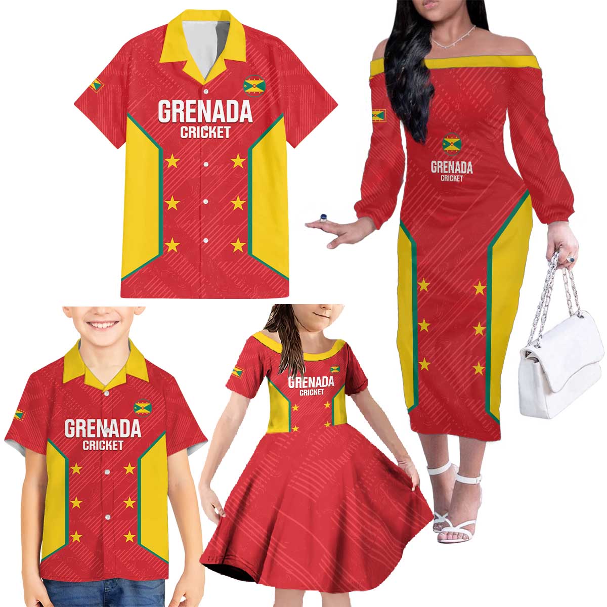 Custom Grenada Cricket Family Matching Off The Shoulder Long Sleeve Dress and Hawaiian Shirt 2025 Sporty Style - Wonder Print Shop