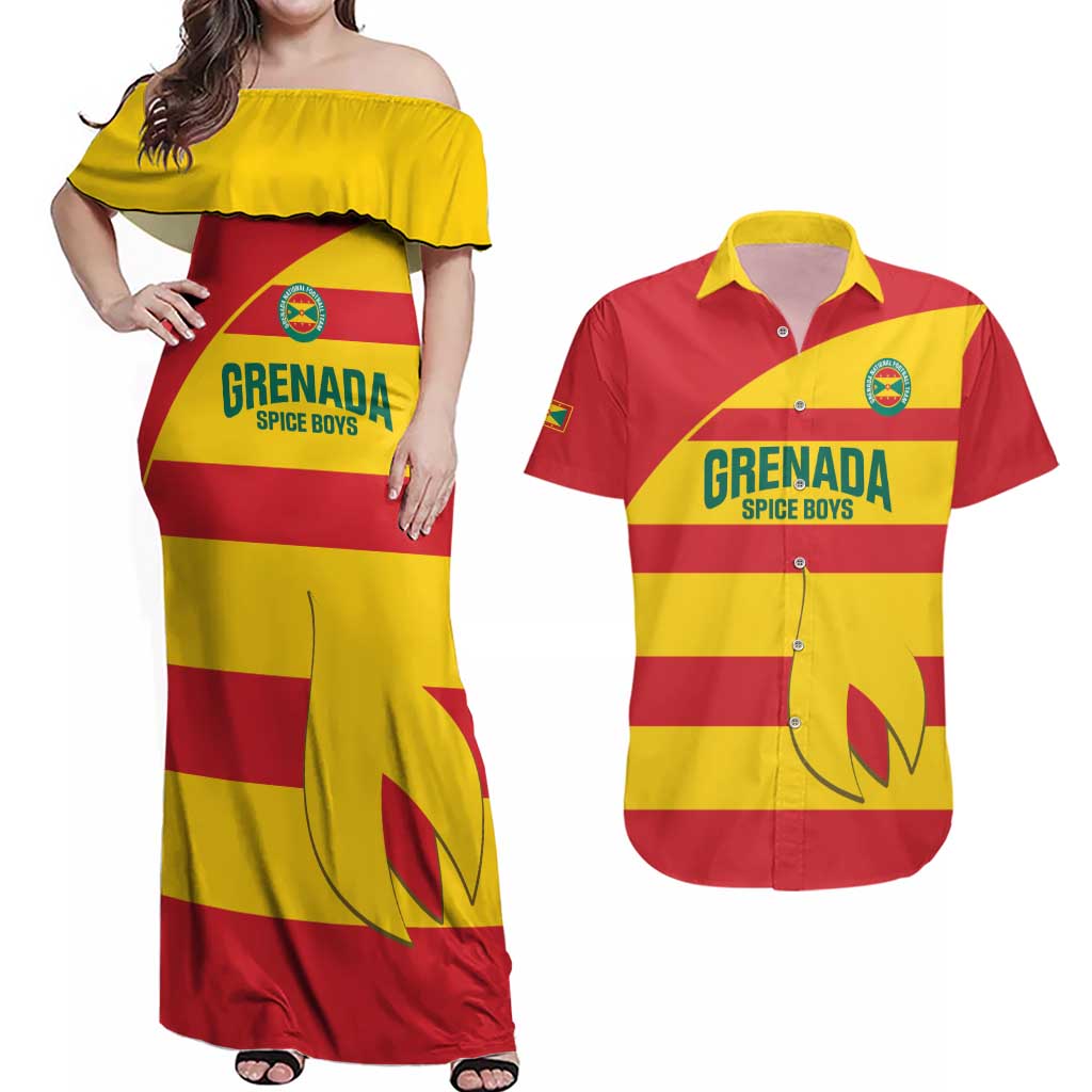 Custom Grenada Football Couples Matching Off Shoulder Maxi Dress and Hawaiian Shirt Go Spice Boys - Wonder Print Shop