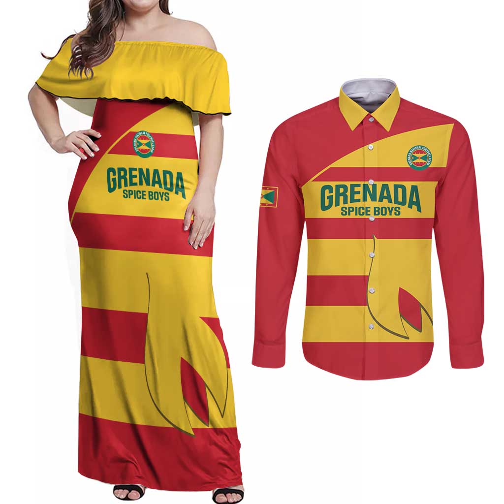 Custom Grenada Football Couples Matching Off Shoulder Maxi Dress and Long Sleeve Button Shirt Go Spice Boys - Wonder Print Shop
