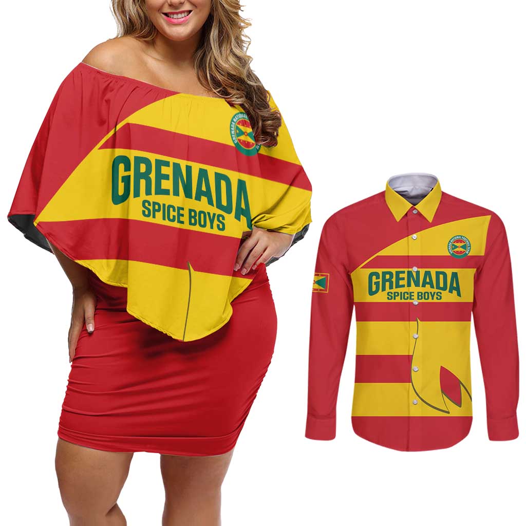 Custom Grenada Football Couples Matching Off Shoulder Short Dress and Long Sleeve Button Shirt Go Spice Boys - Wonder Print Shop