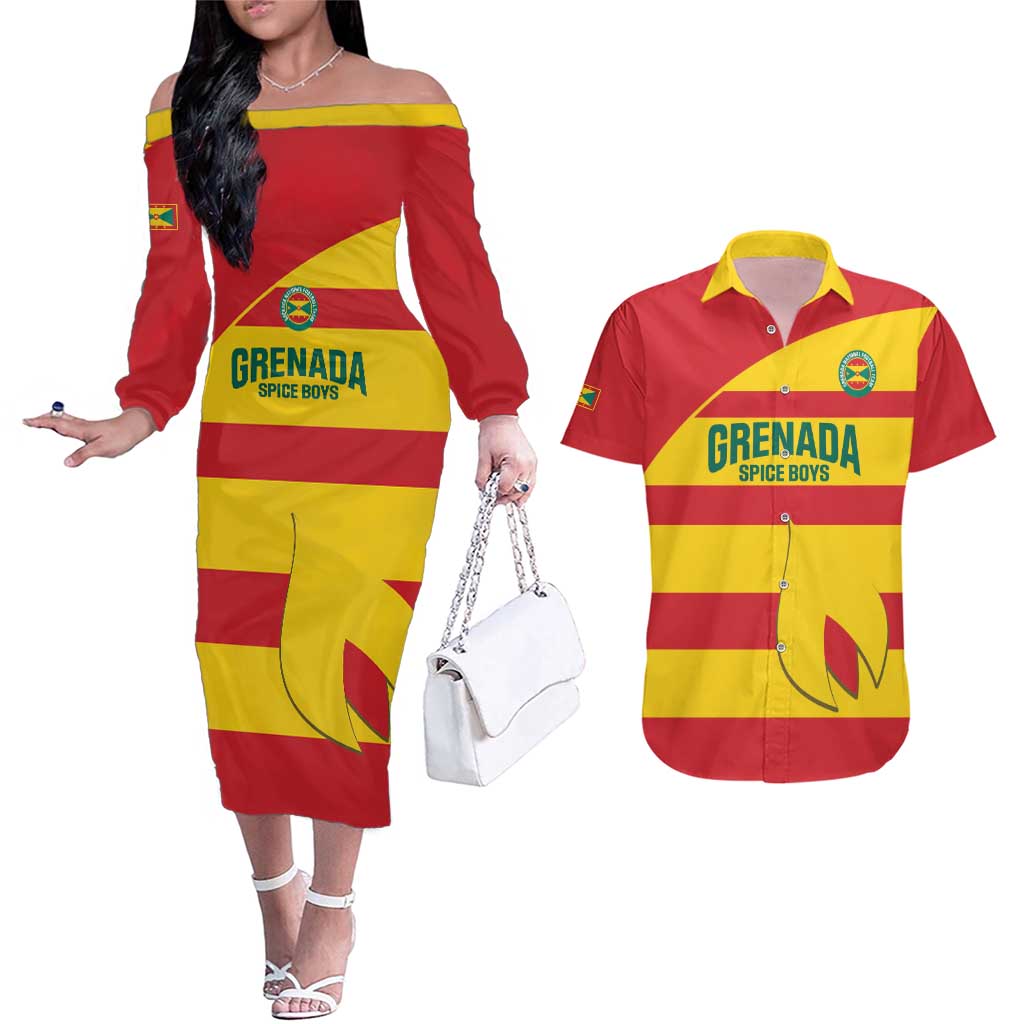 Custom Grenada Football Couples Matching Off The Shoulder Long Sleeve Dress and Hawaiian Shirt Go Spice Boys - Wonder Print Shop